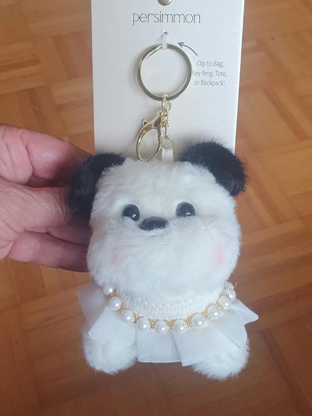 NWT White & Black Plush Dog Keychain with Pearl Collar